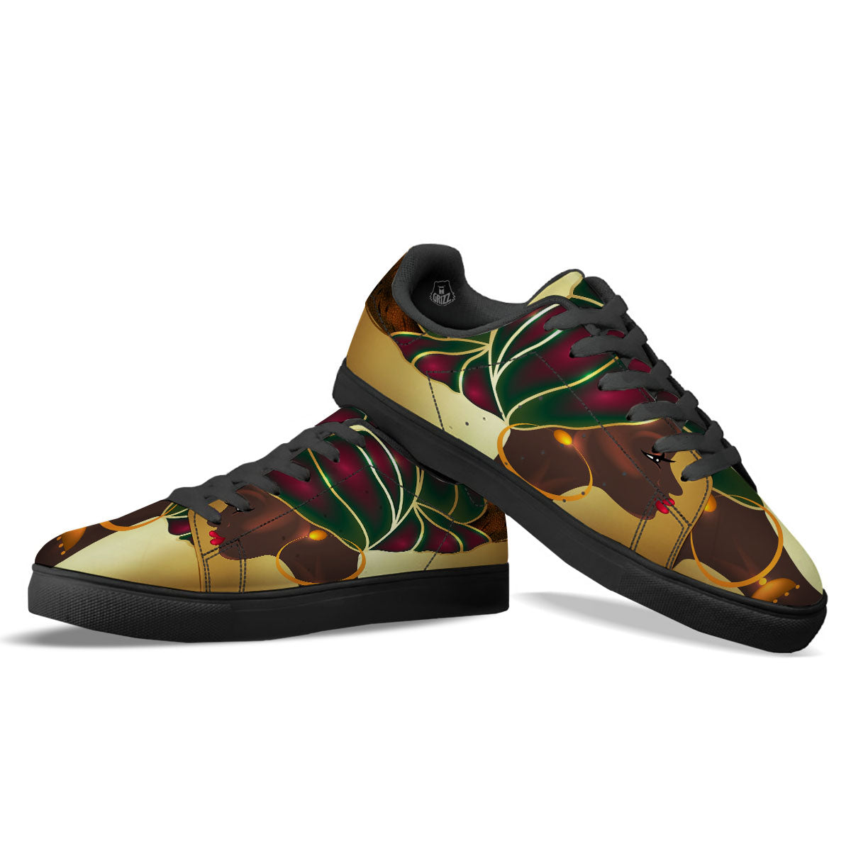 African Afro Gold And Black Print Black Low Top Sneakers-grizzshop