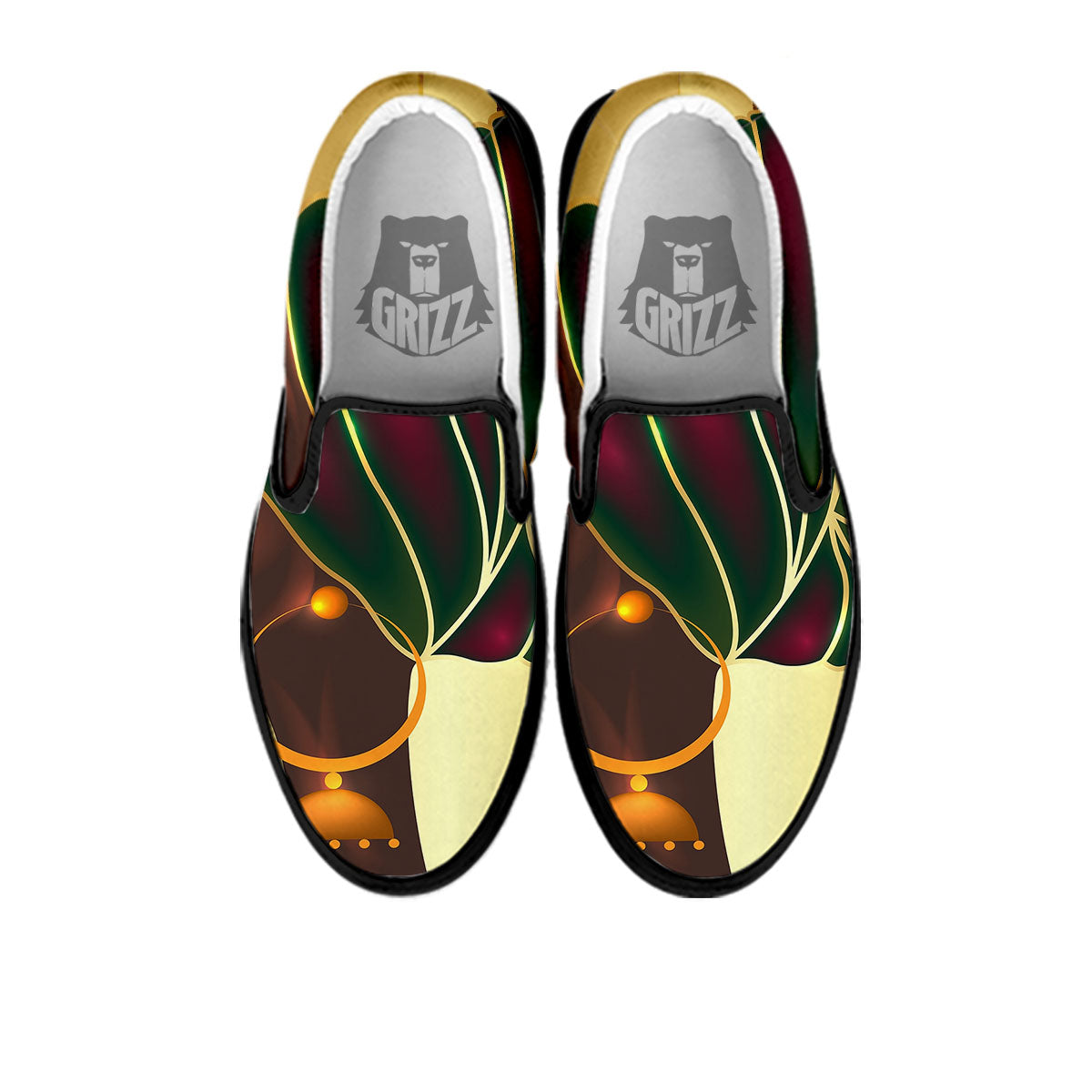 African Afro Gold And Black Print Black Slip On Shoes-grizzshop