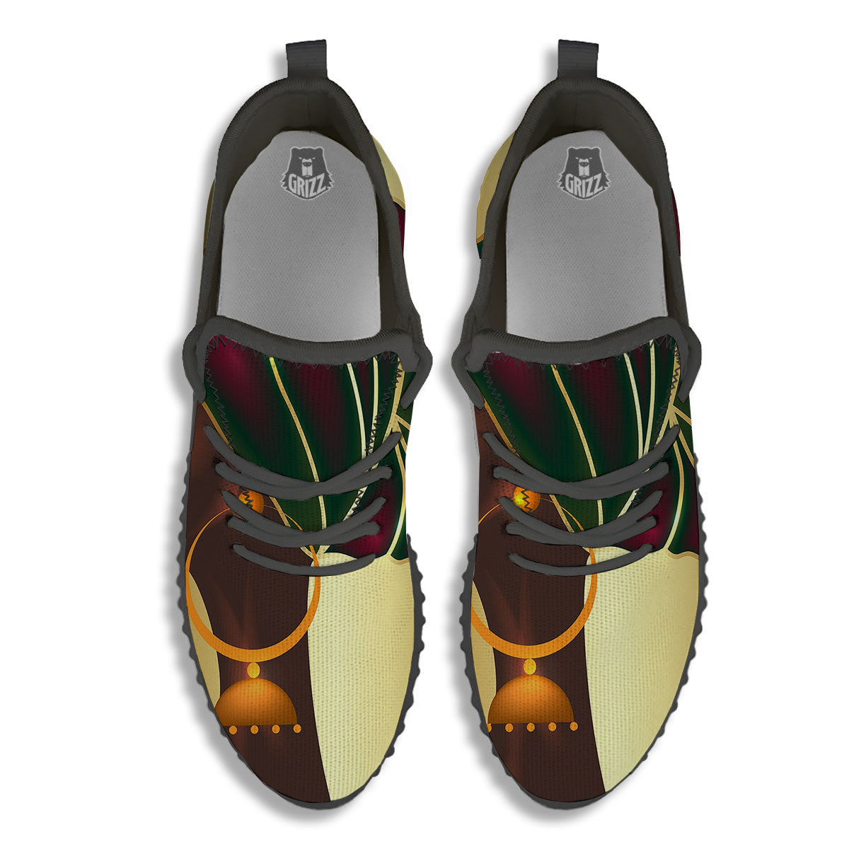 African Afro Gold And Black Print Black Walking Shoes-grizzshop