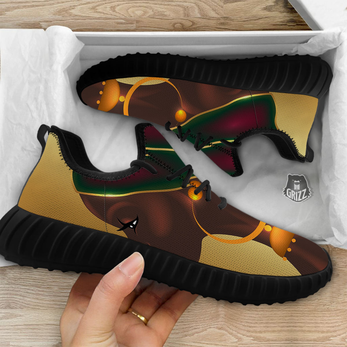 African Afro Gold And Black Print Black Walking Shoes-grizzshop