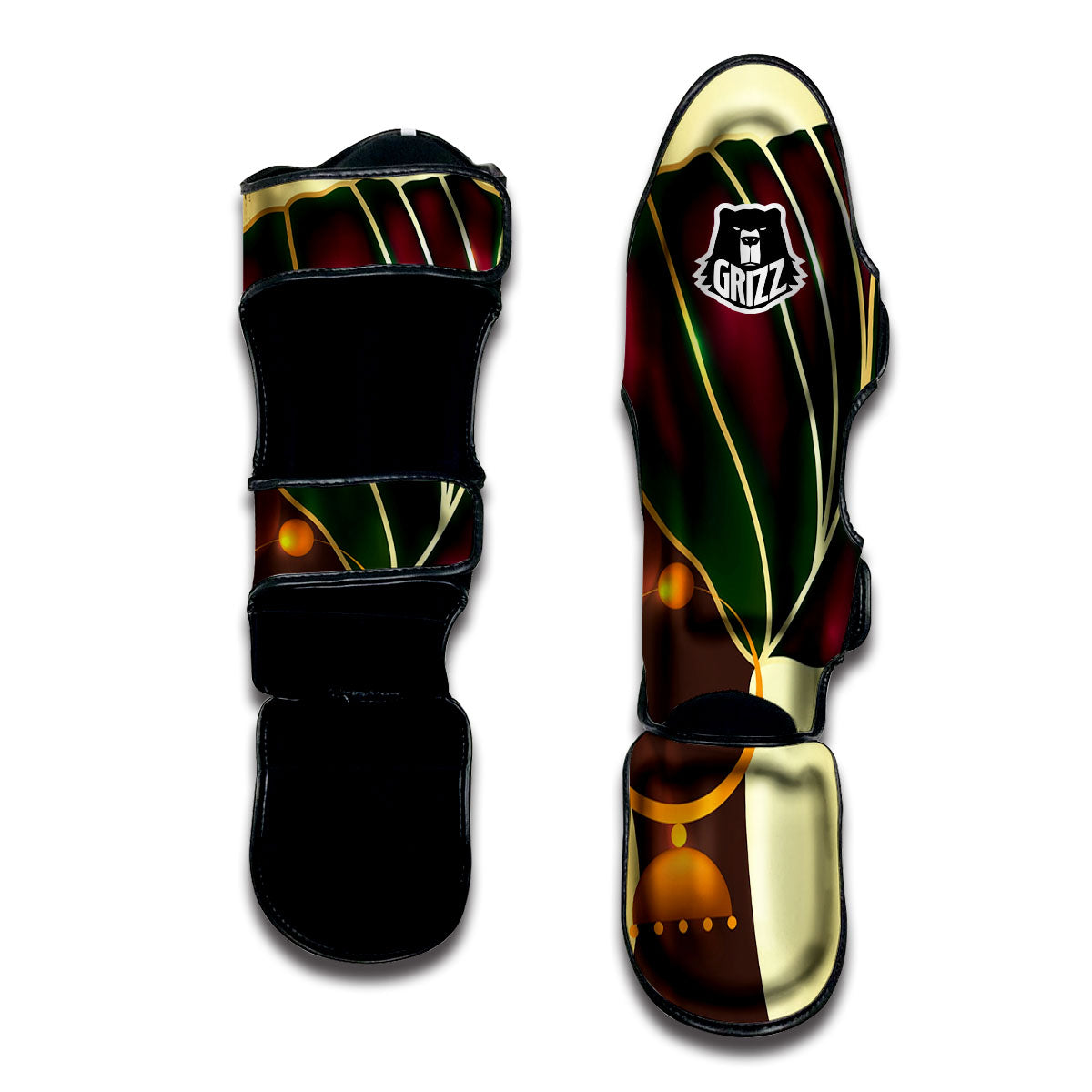 African Afro Gold And Black Print Muay Thai Shin Guards-grizzshop