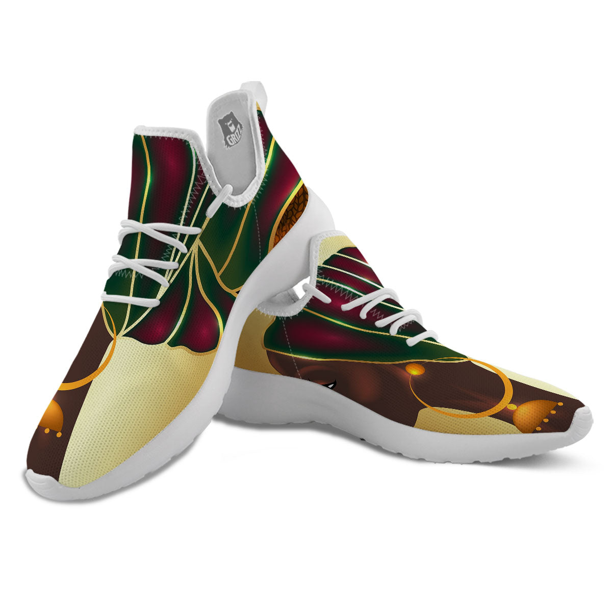 African Afro Gold And Black Print White Athletic Shoes-grizzshop