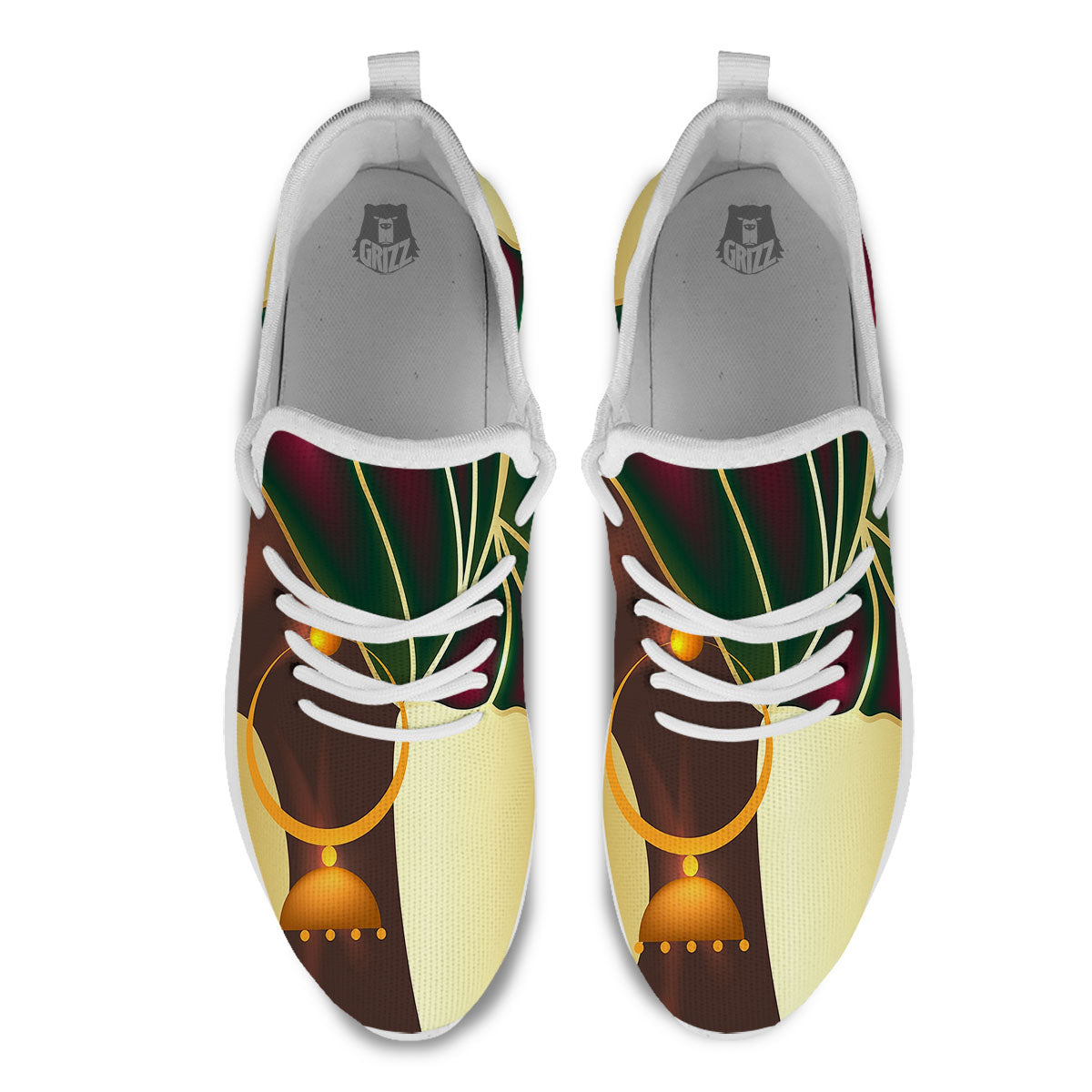 African Afro Gold And Black Print White Athletic Shoes-grizzshop