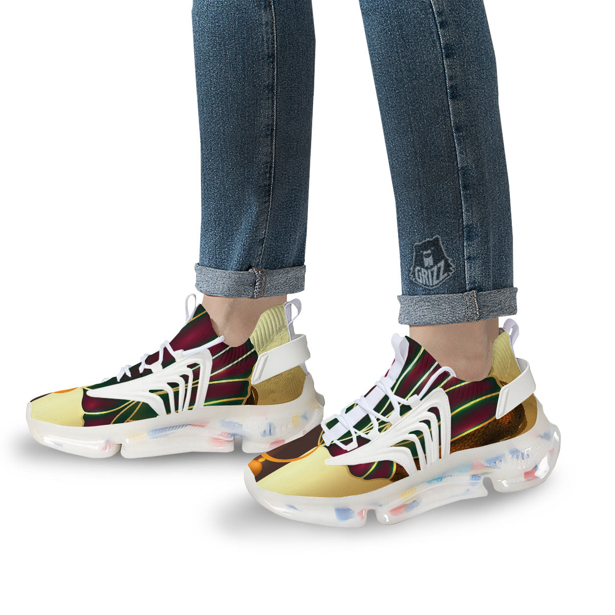 African Afro Gold And Black Print White Gym Shoes-grizzshop