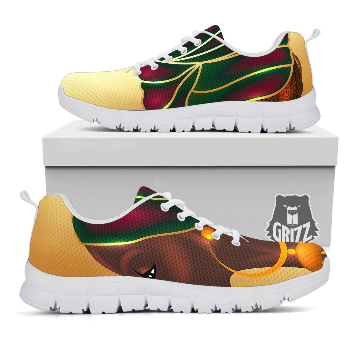 African Afro Gold And Black Print White Sneaker-grizzshop