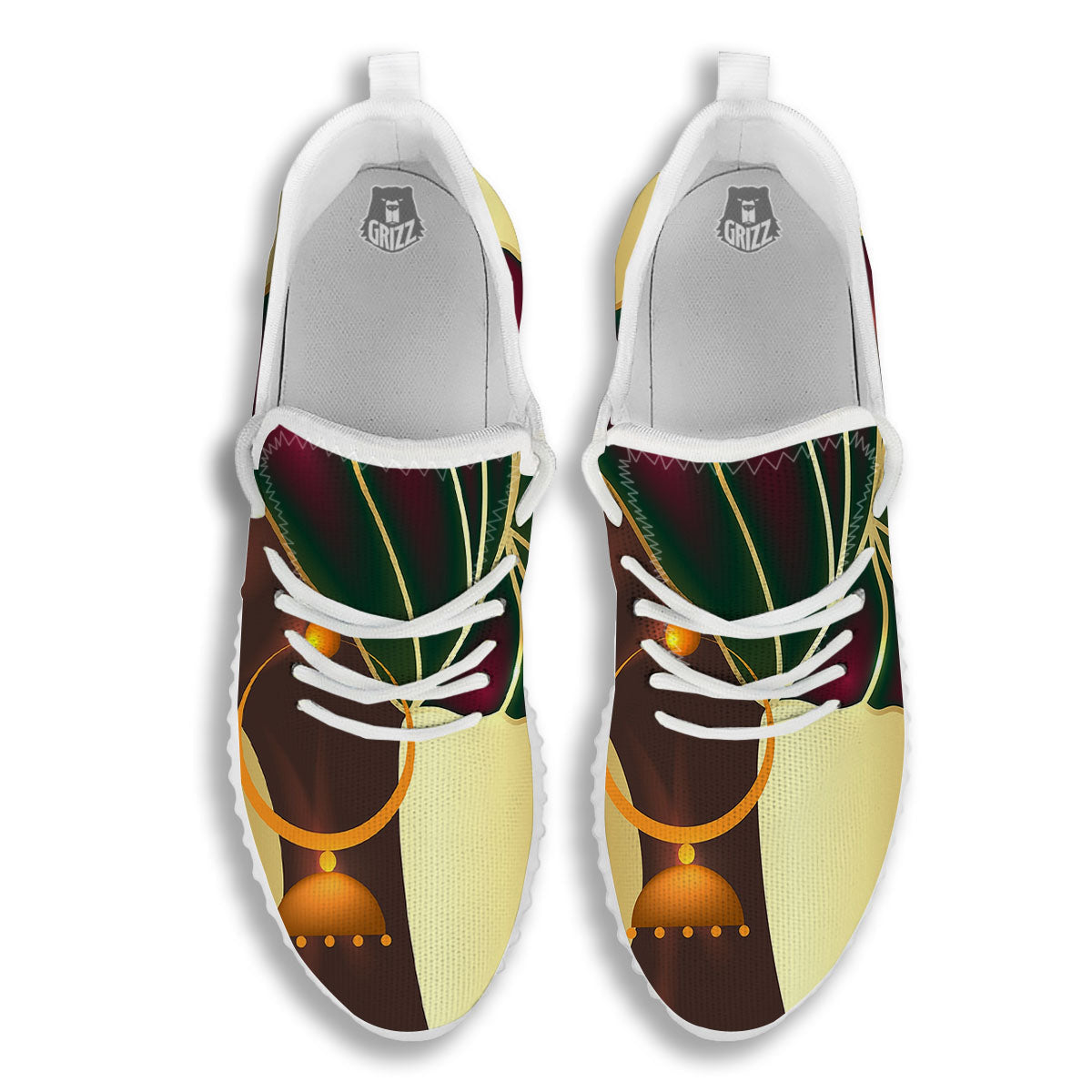 African Afro Gold And Black Print White Walking Shoes-grizzshop