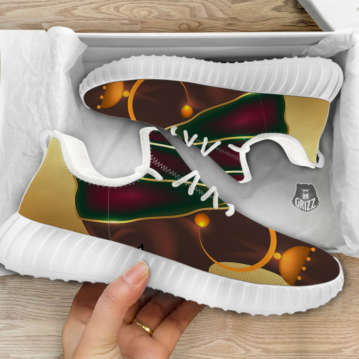 African Afro Gold And Black Print White Walking Shoes-grizzshop