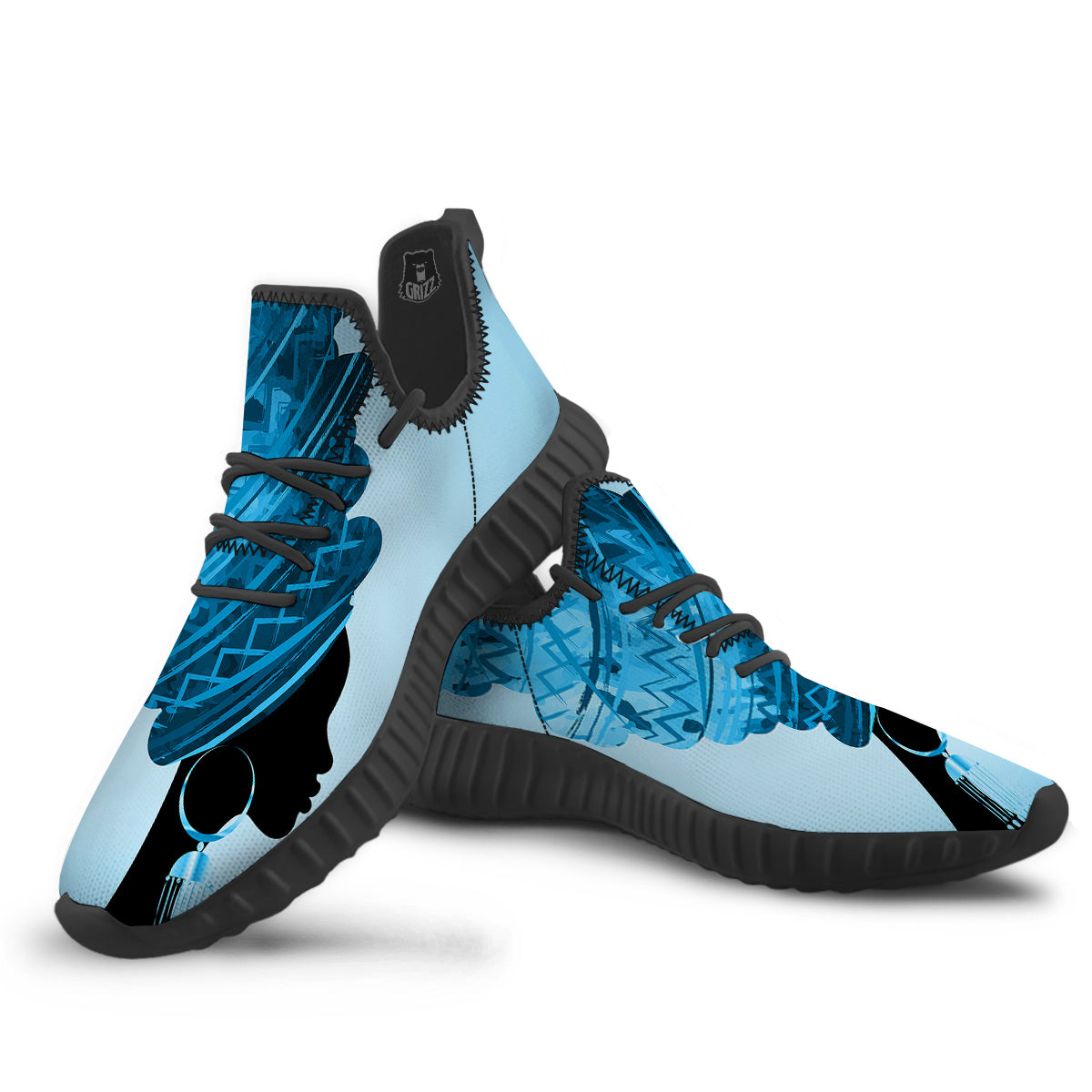 African Dashiki Black And Blue Print Black Walking Shoes-grizzshop