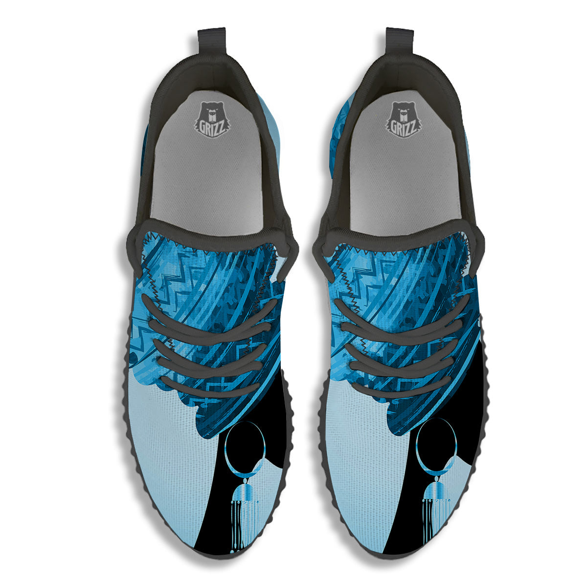 African Dashiki Black And Blue Print Black Walking Shoes-grizzshop