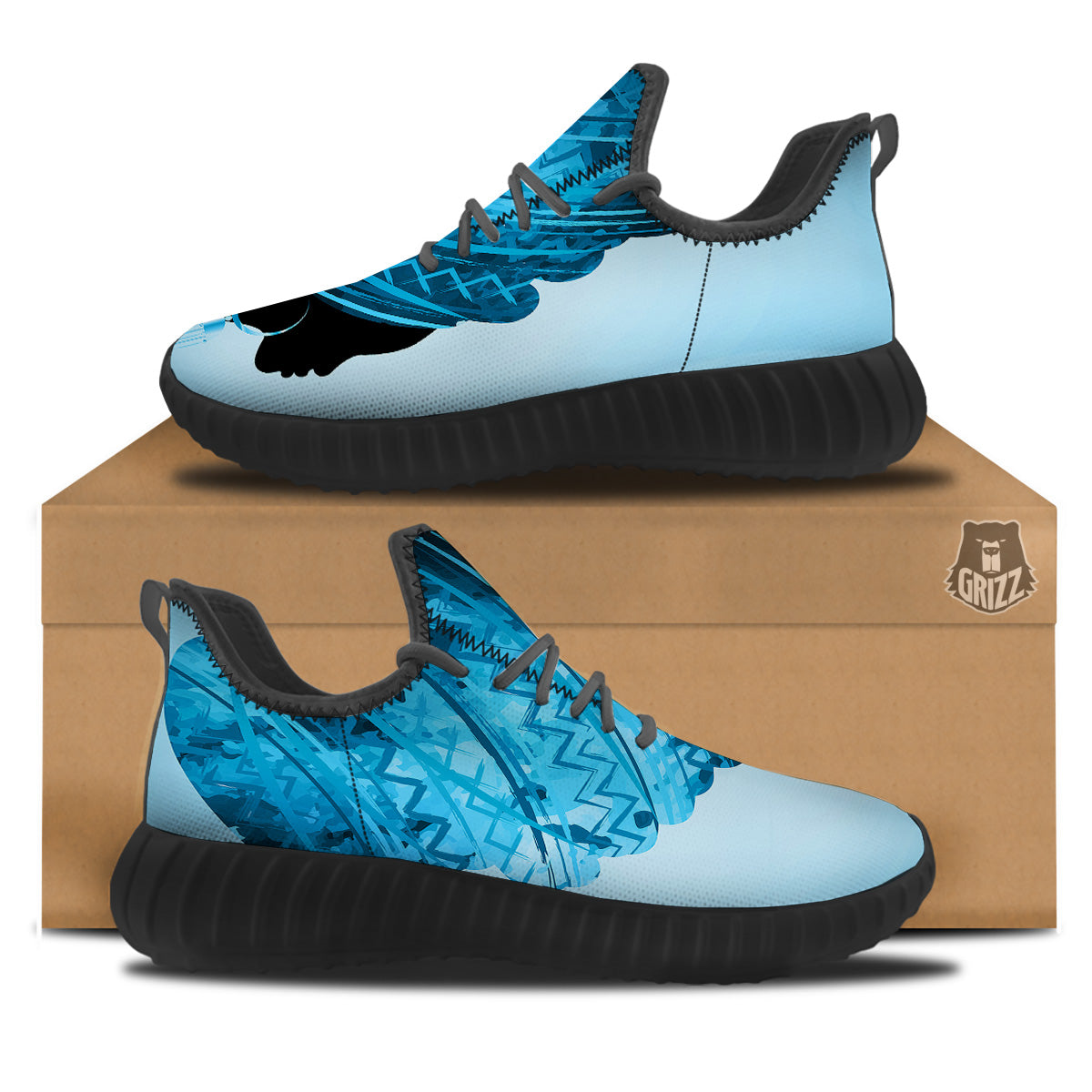 African Dashiki Black And Blue Print Black Walking Shoes-grizzshop