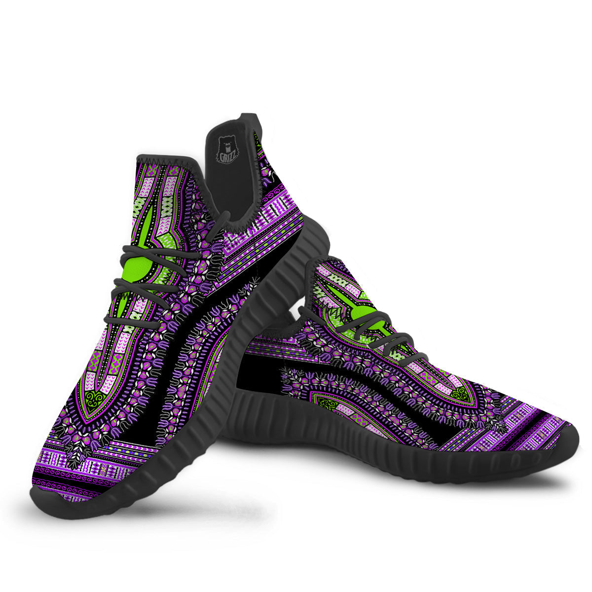 African Dashiki Purple And Black Print Black Walking Shoes-grizzshop