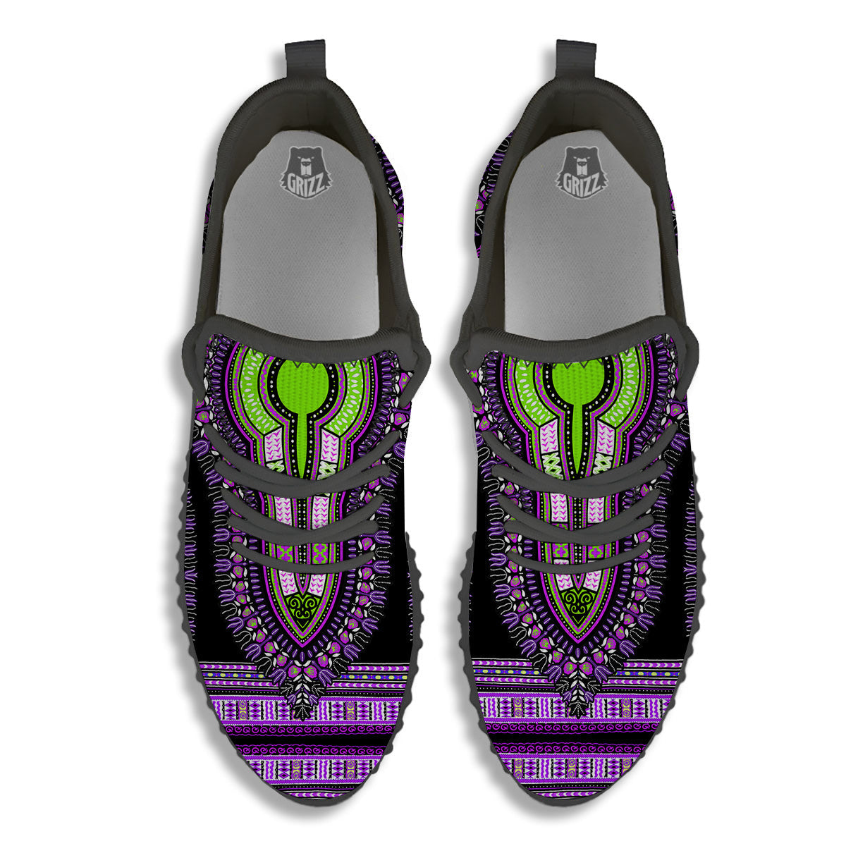 African Dashiki Purple And Black Print Black Walking Shoes-grizzshop