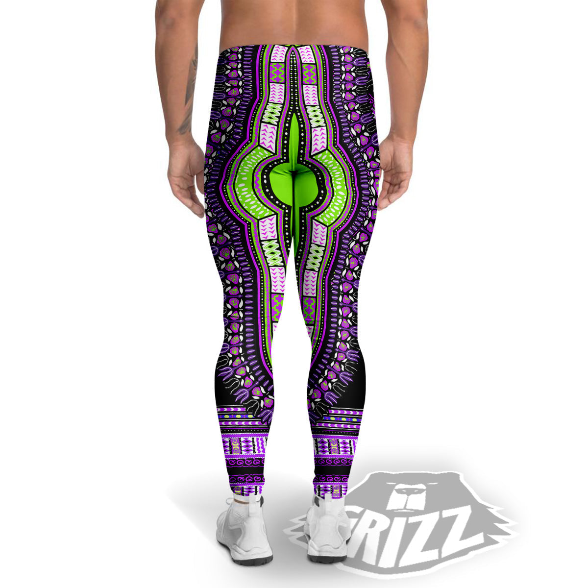 African Dashiki Purple And Black Print Men's Leggings-grizzshop