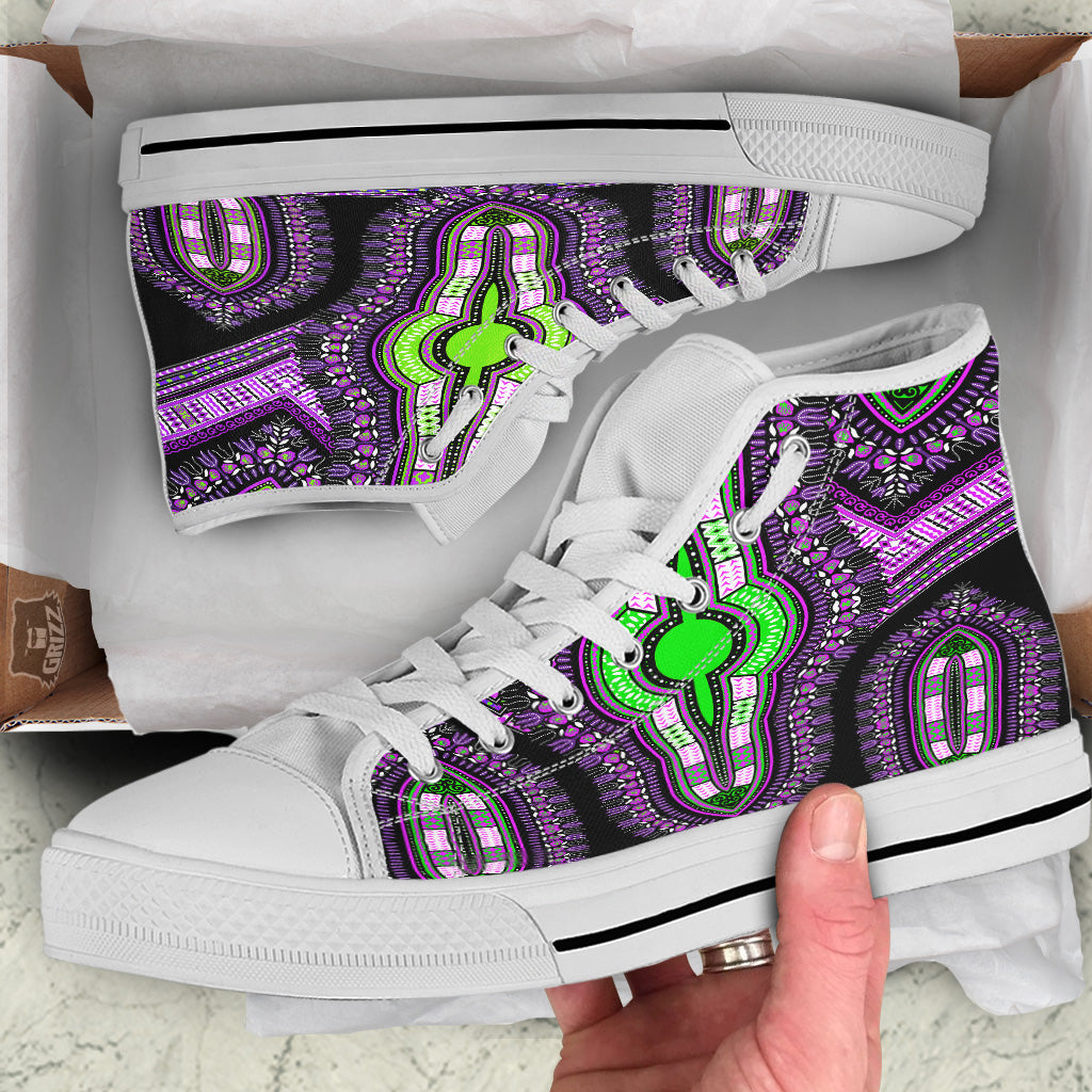 African Dashiki Purple And Black Print White High Top Shoes-grizzshop