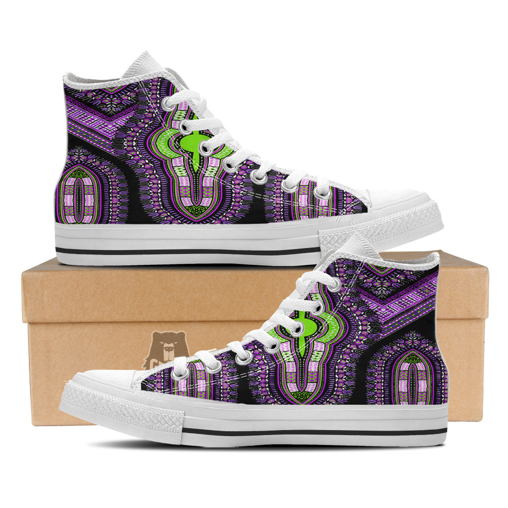 African Dashiki Purple And Black Print White High Top Shoes-grizzshop