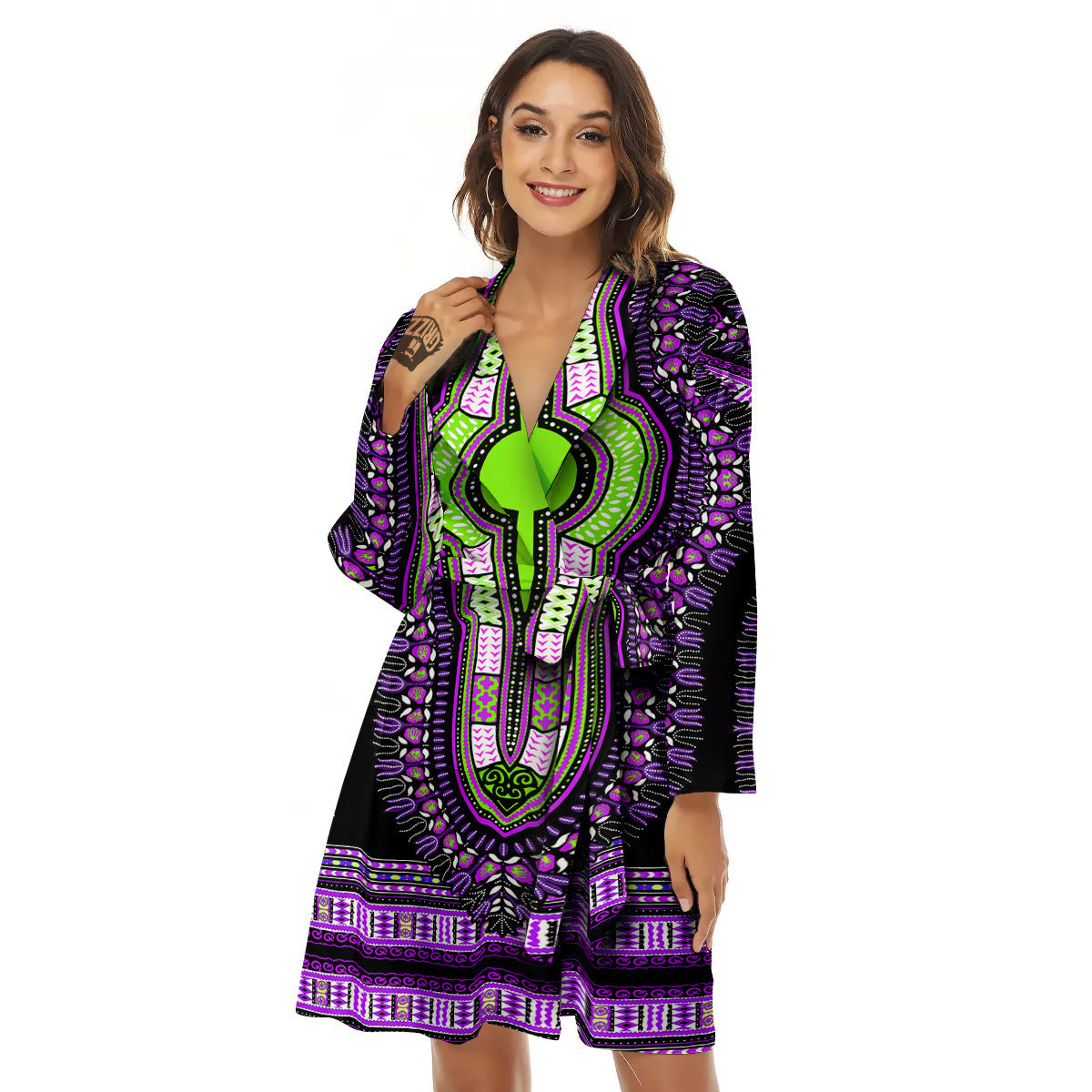 African Dashiki Purple And Black Print Women's Robe-grizzshop