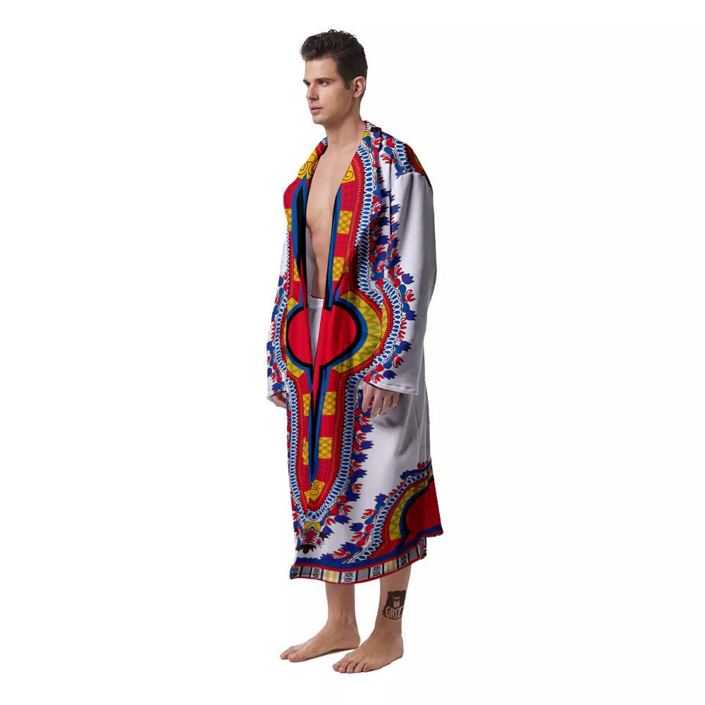 African Dashiki White And Red Print Men's Robe-grizzshop
