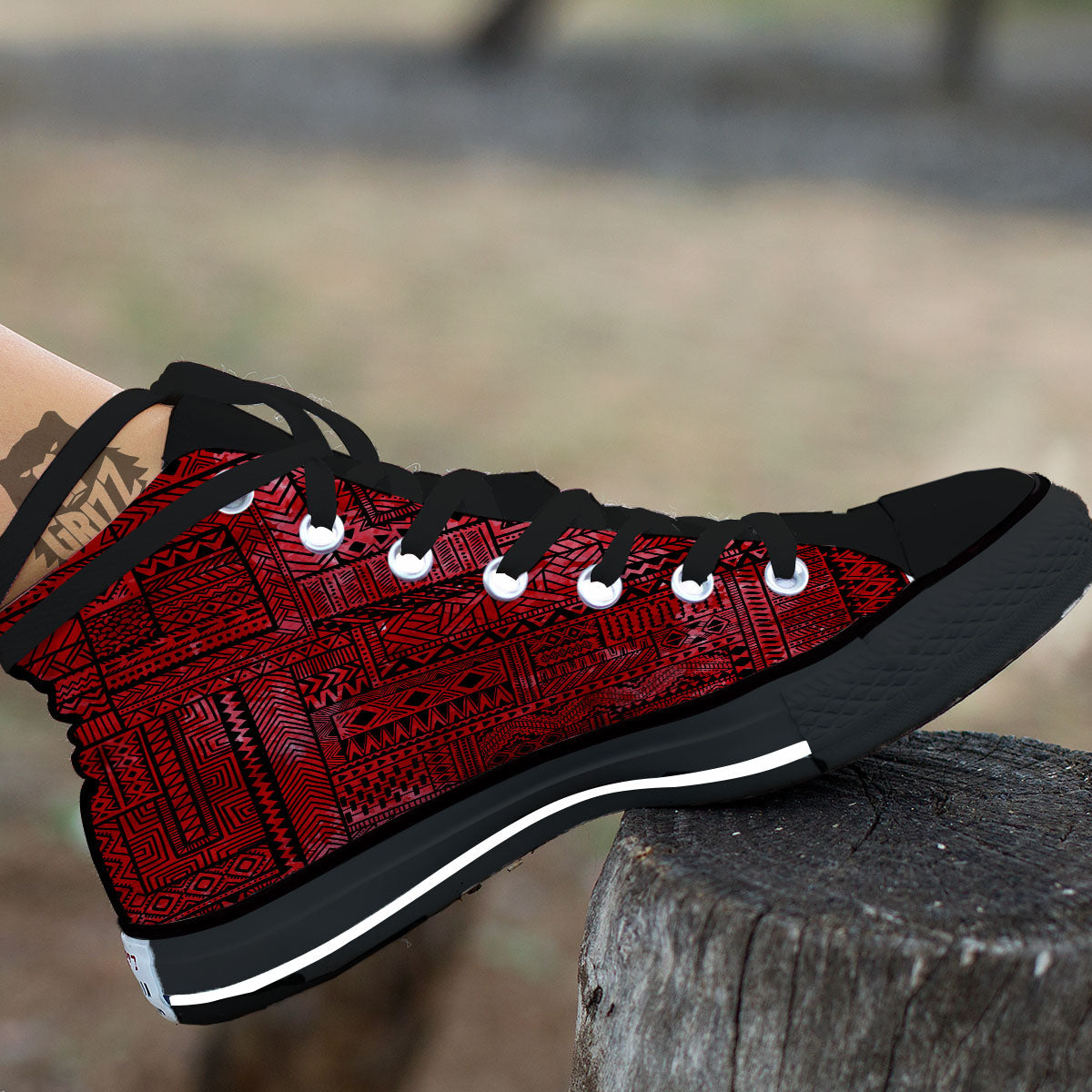 African Ethnic Black And Red Print Black High Top Shoes-grizzshop