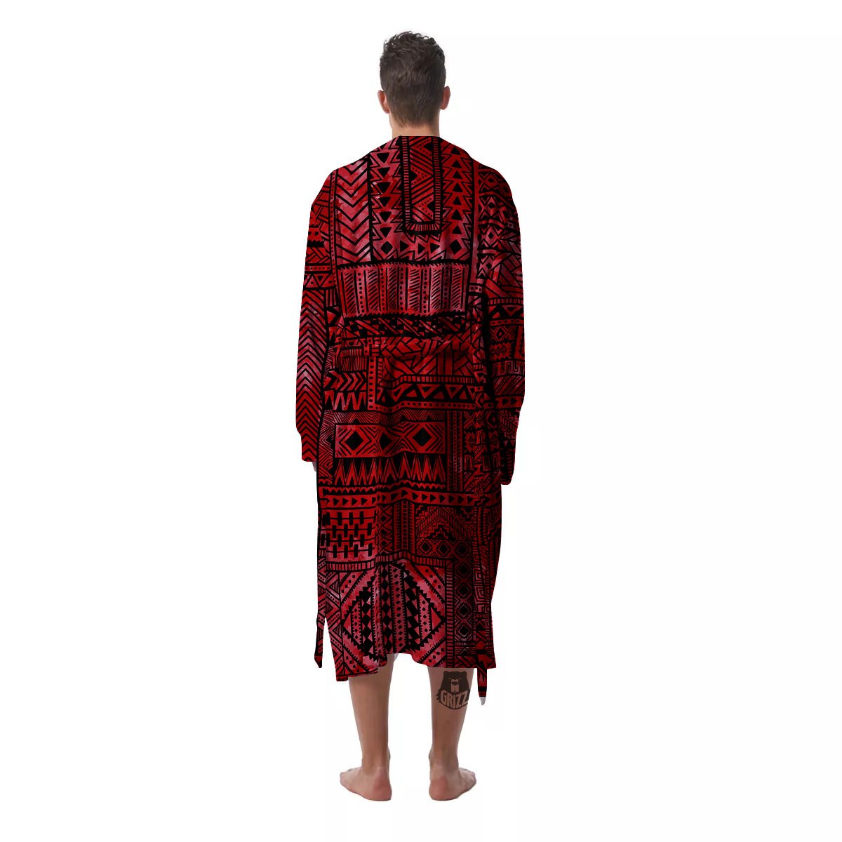 African Ethnic Black And Red Print Men's Robe-grizzshop