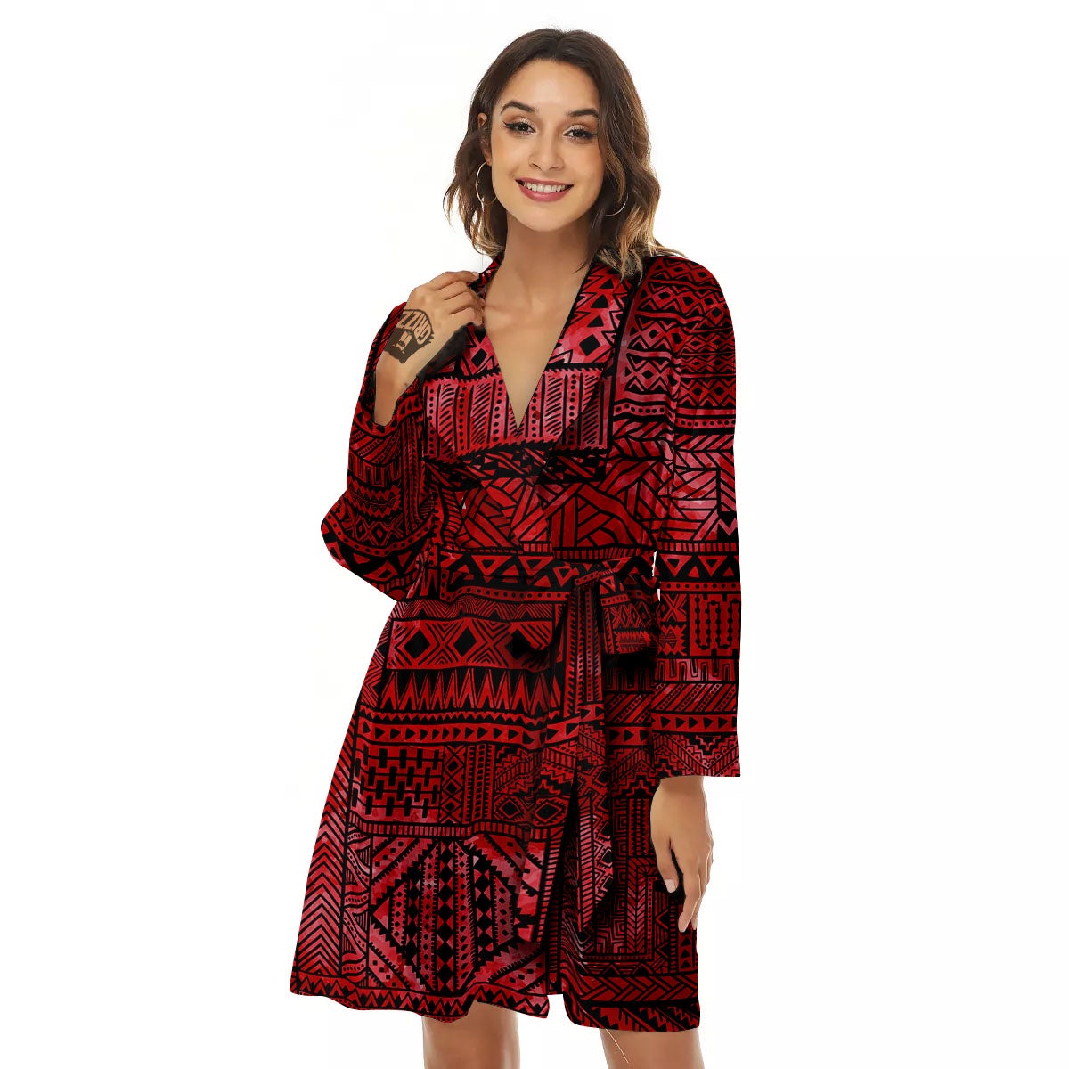 African Ethnic Black And Red Print Women's Robe-grizzshop