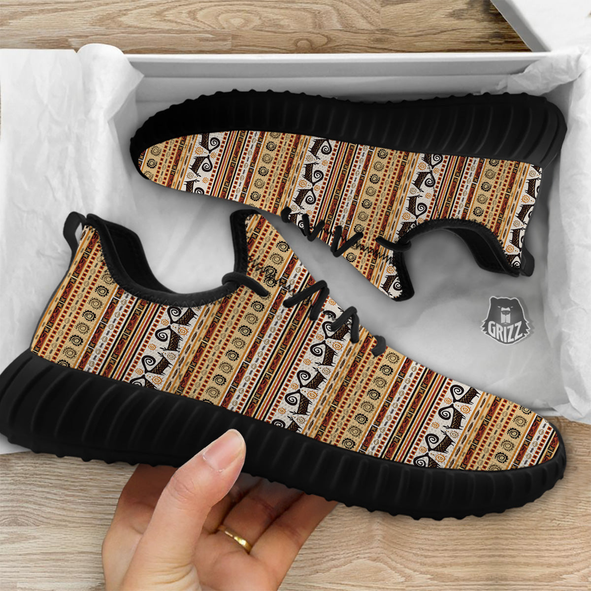 African Ethnic Brown Print Pattern Black Walking Shoes-grizzshop