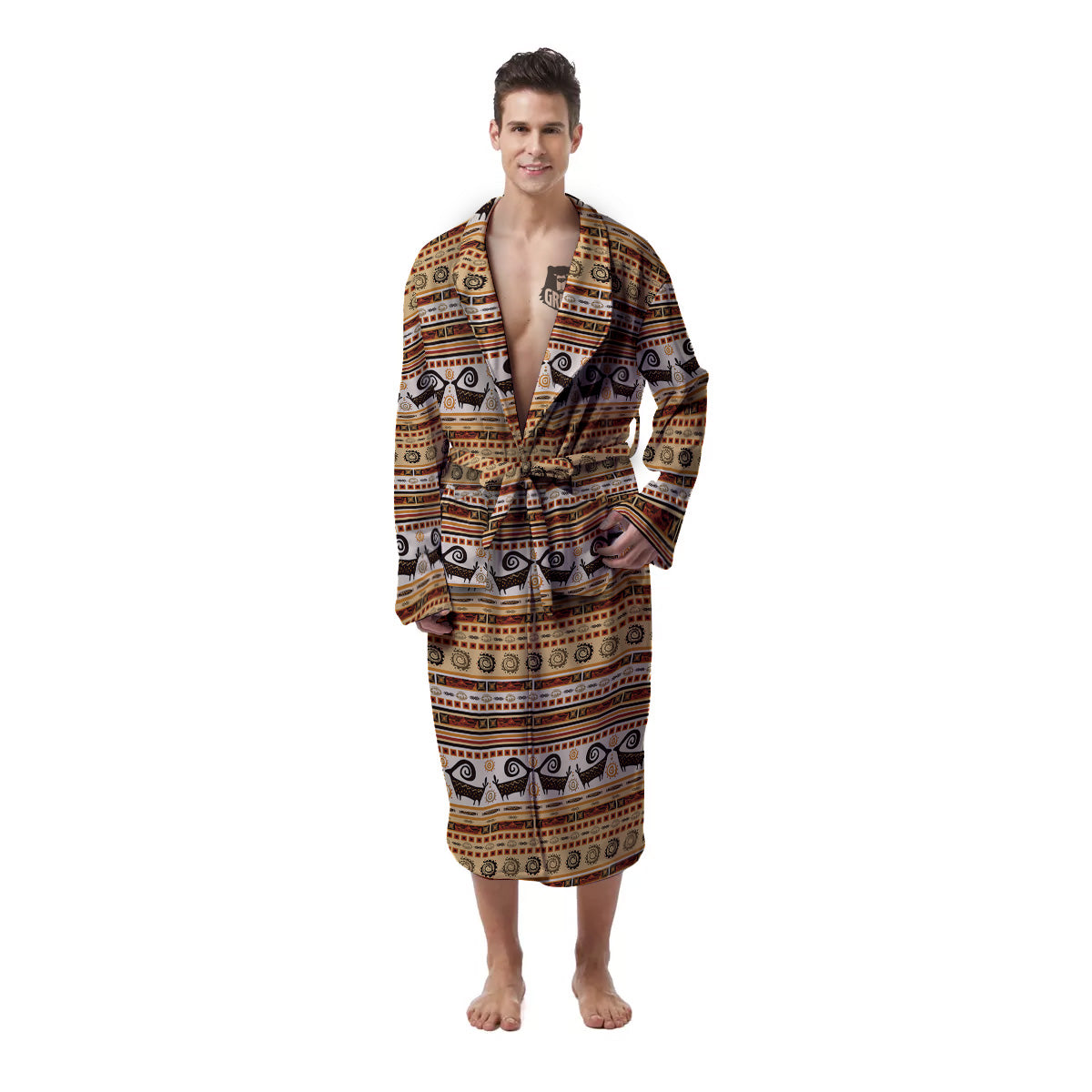 African Ethnic Brown Print Pattern Men's Robe-grizzshop