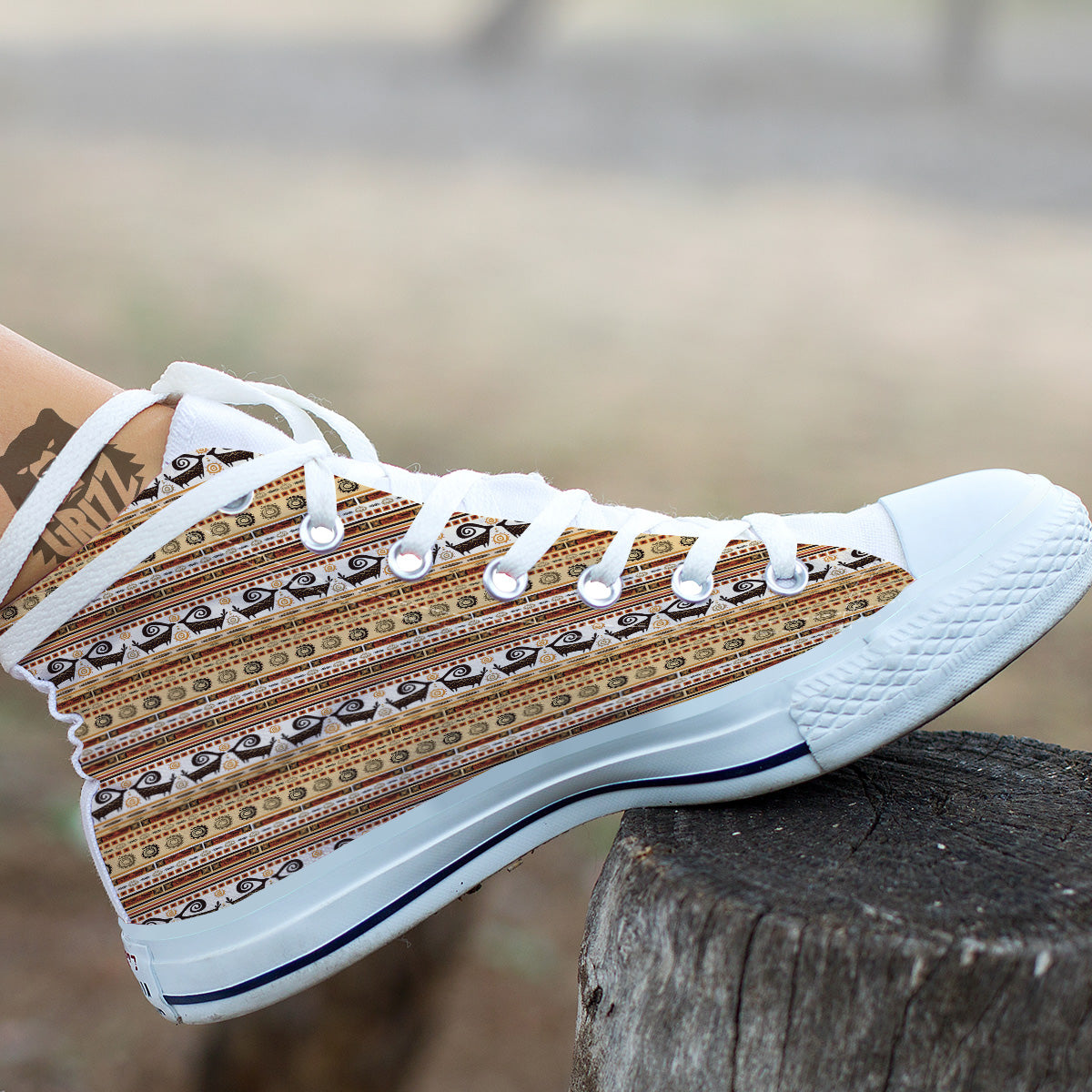 African Ethnic Brown Print Pattern White High Top Shoes-grizzshop