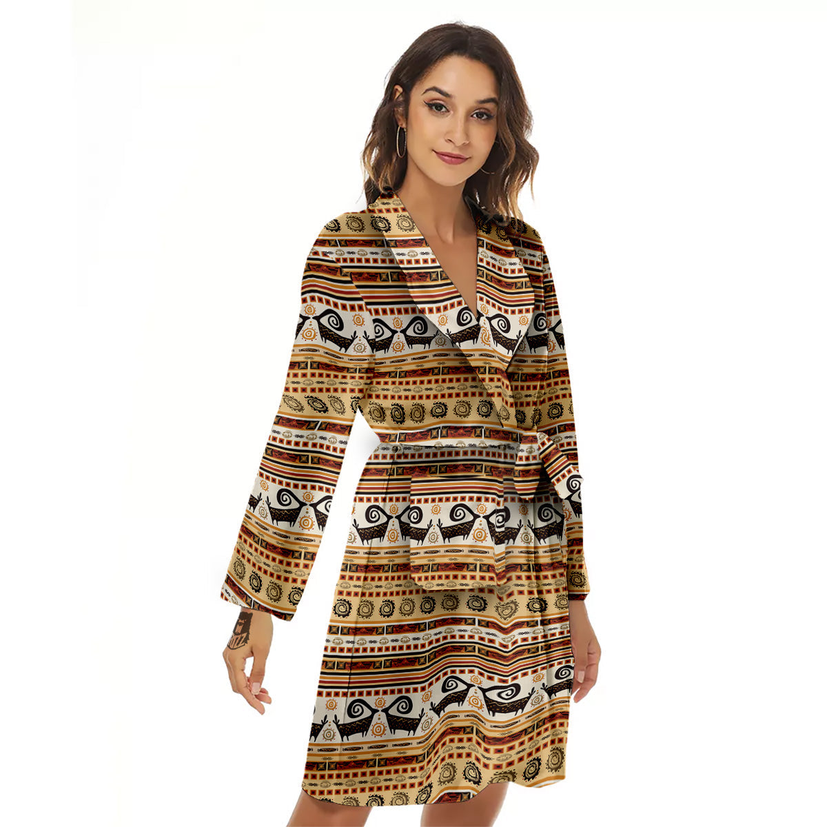 African Ethnic Brown Print Pattern Women's Robe-grizzshop
