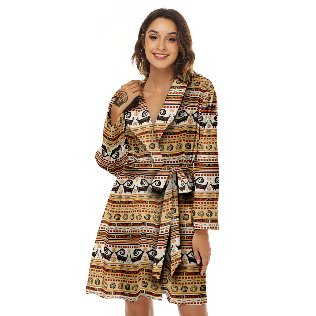 African Ethnic Brown Print Pattern Women's Robe-grizzshop