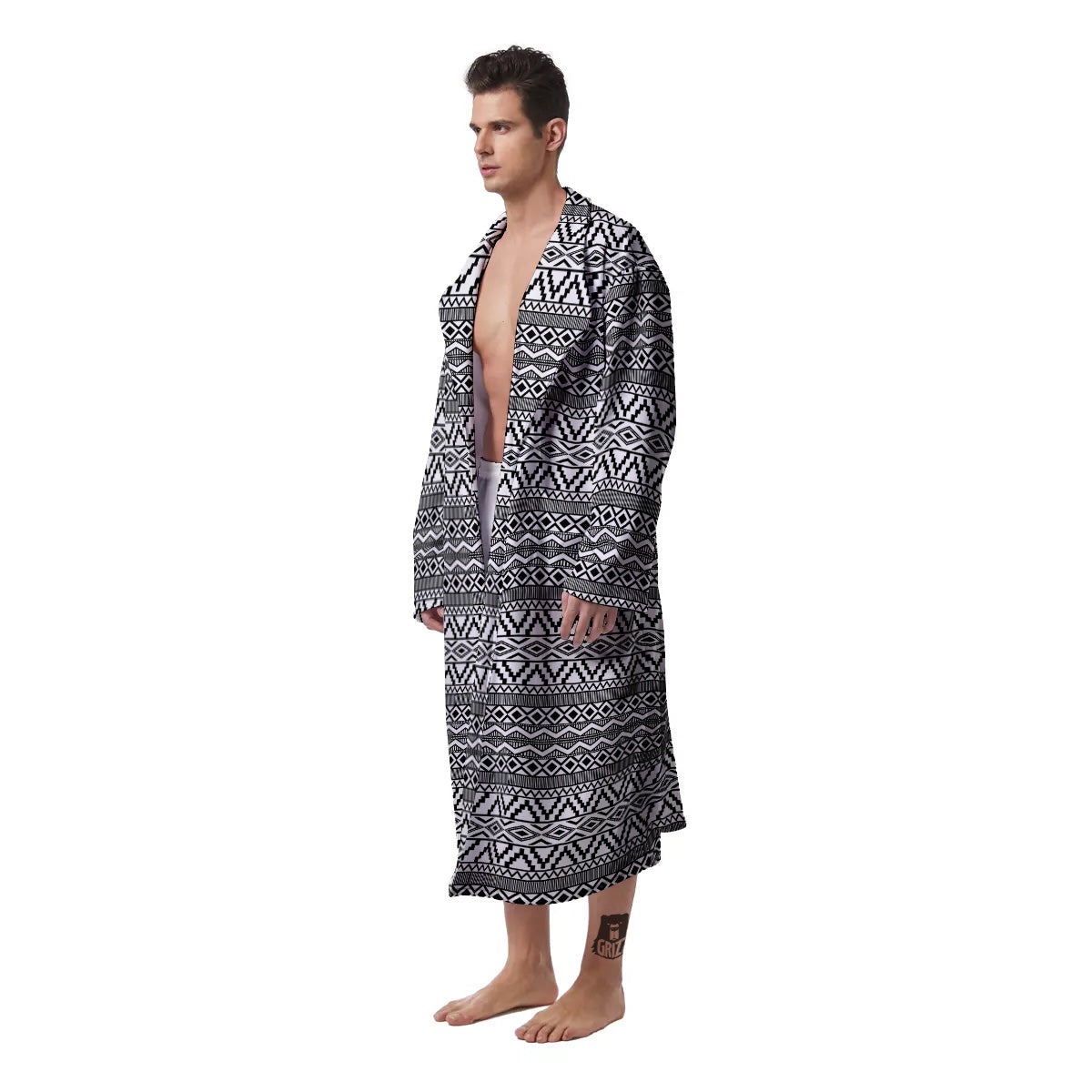 African Ethnic White And Black Print Men's Robe-grizzshop
