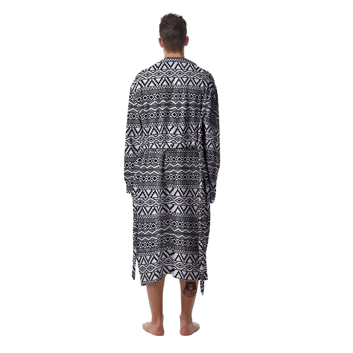 African Ethnic White And Black Print Men's Robe-grizzshop