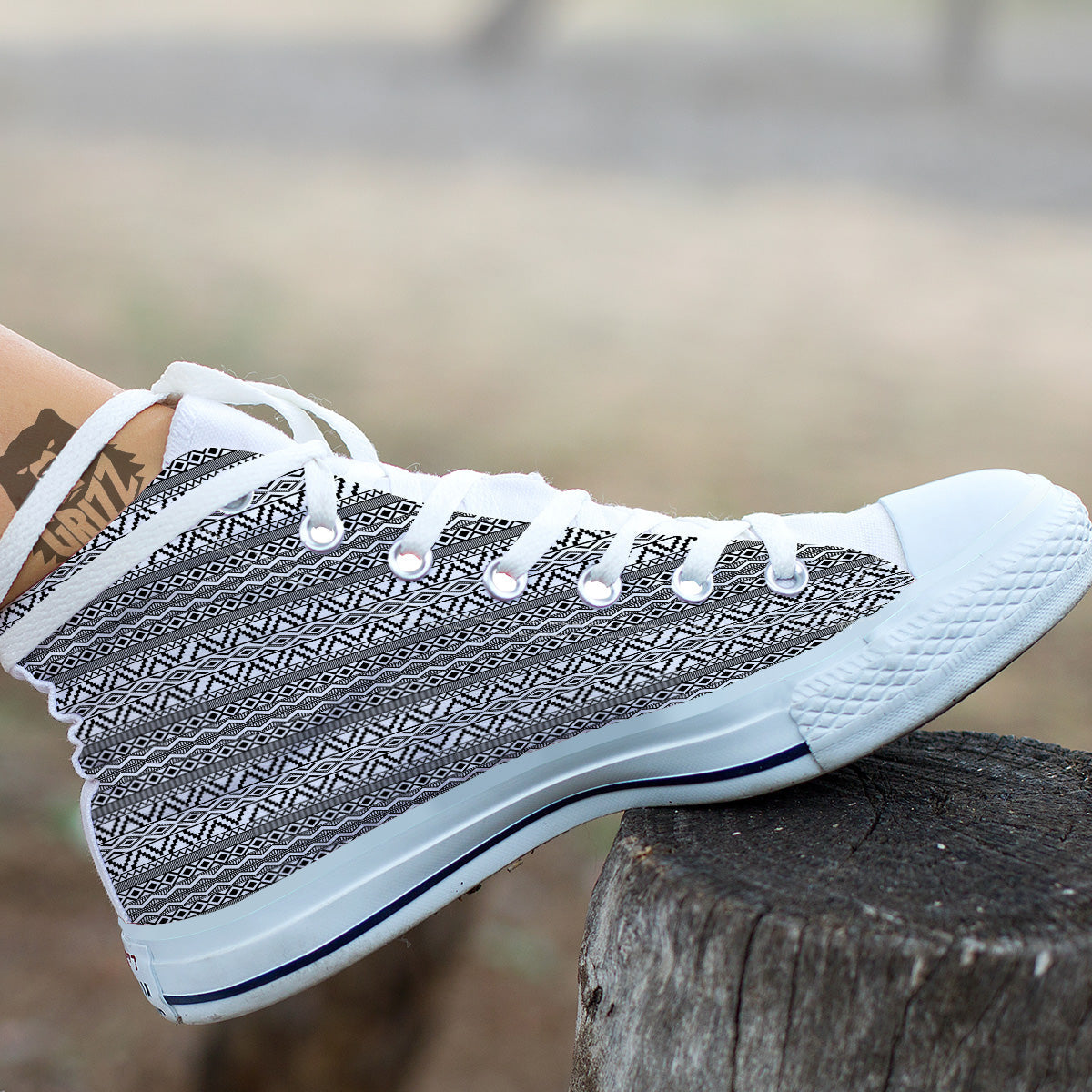 African Ethnic White And Black Print White High Top Shoes-grizzshop