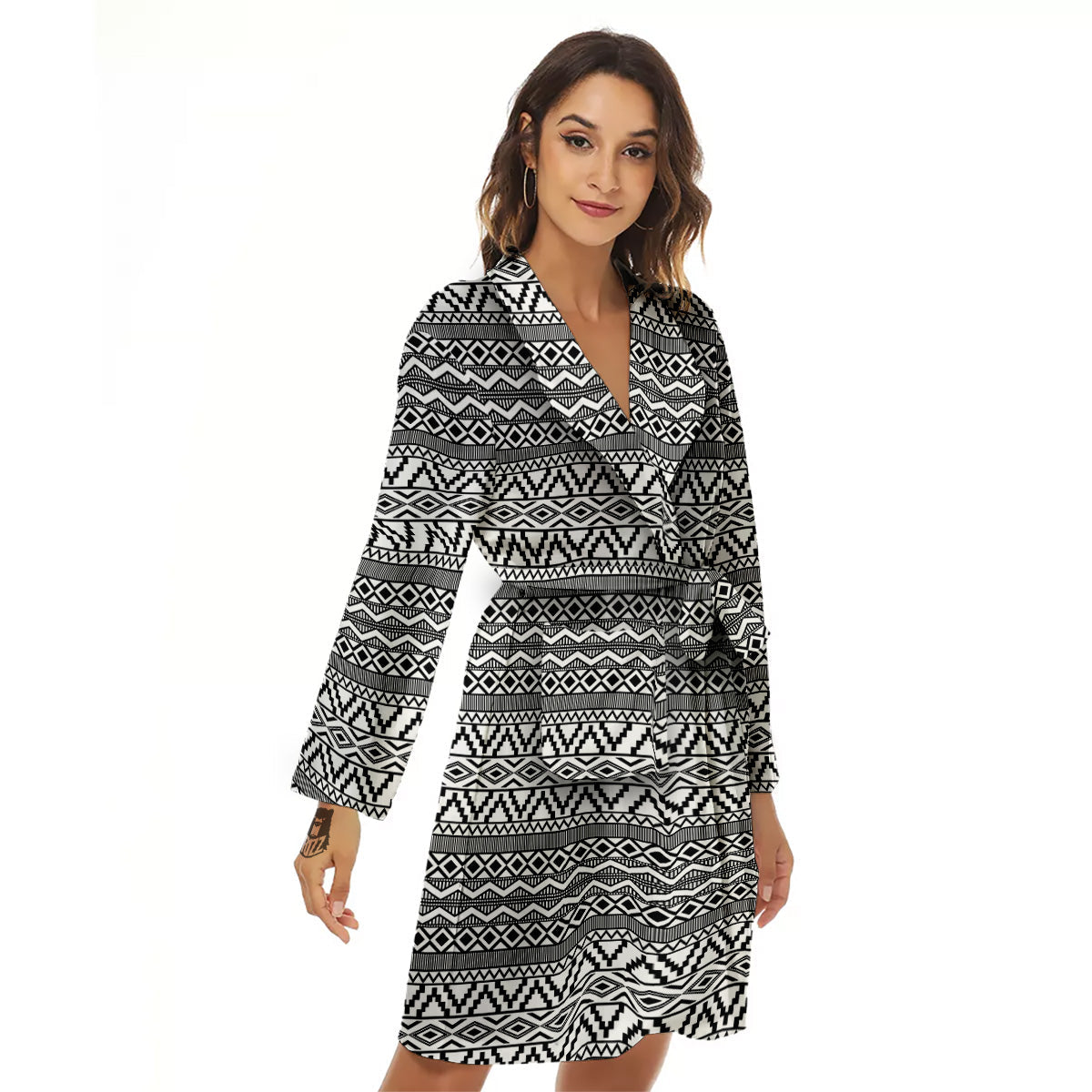 African Ethnic White And Black Print Women's Robe-grizzshop