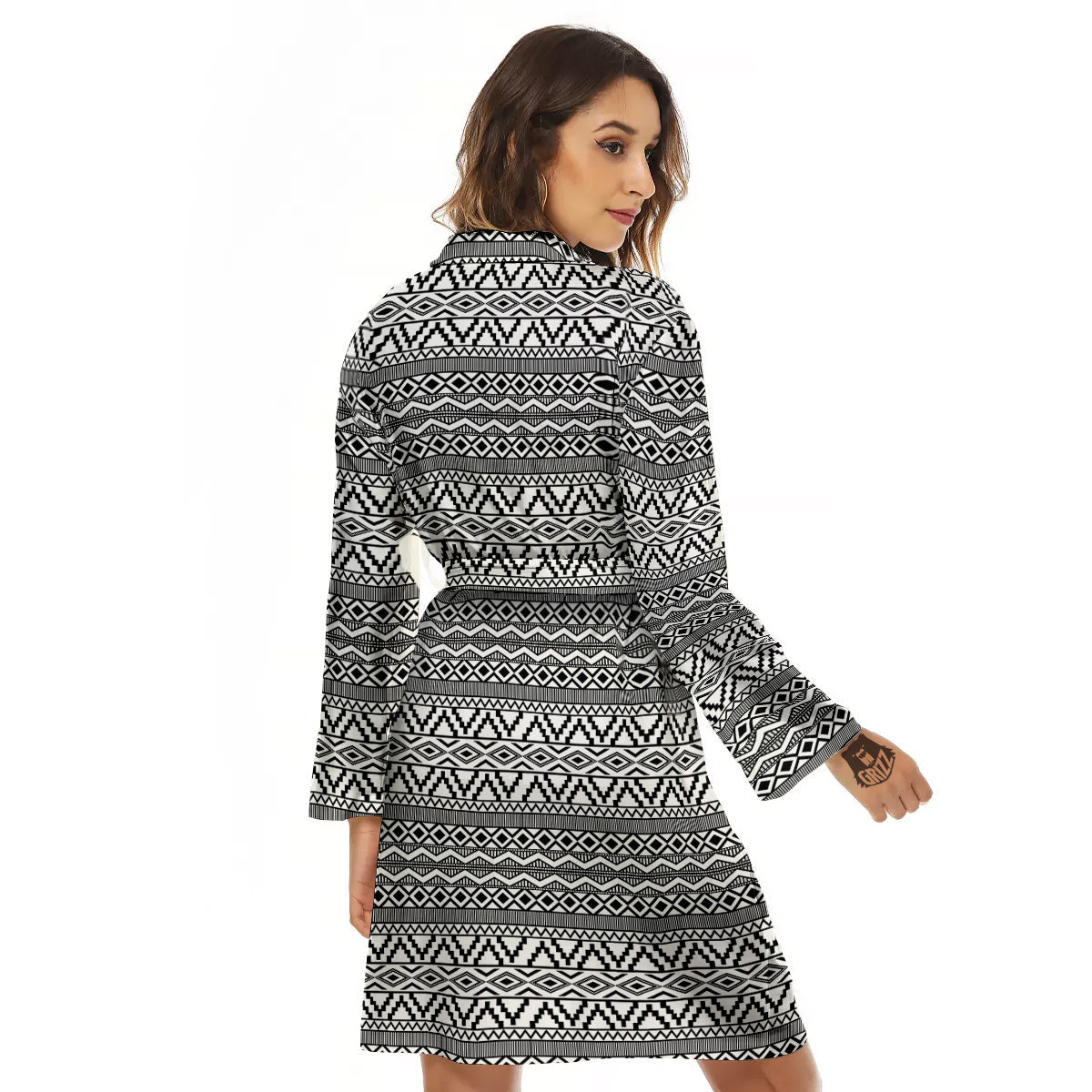 African Ethnic White And Black Print Women's Robe-grizzshop