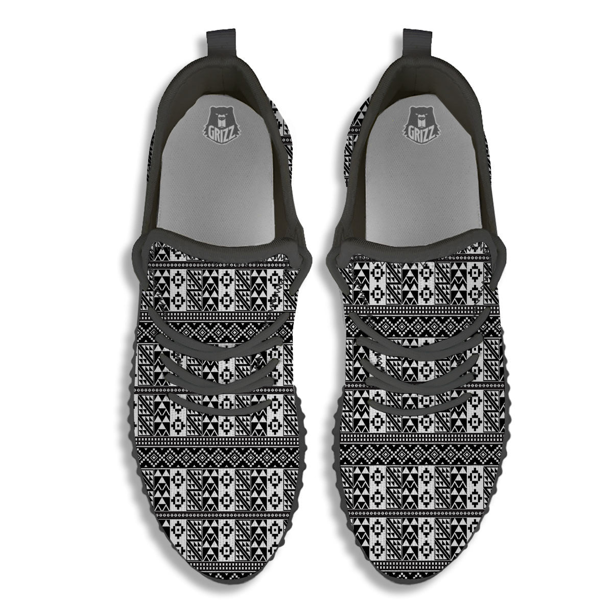 African Inspired White And Black Print Black Walking Shoes-grizzshop