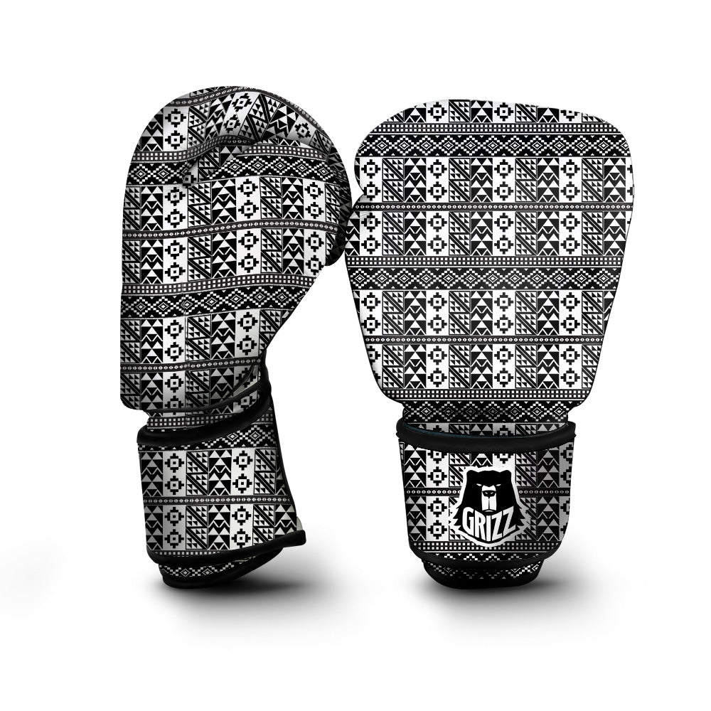African Inspired White And Black Print Boxing Gloves-grizzshop