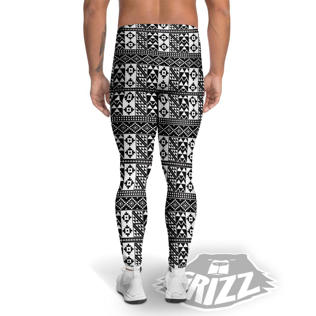 African Inspired White And Black Print Men's Leggings-grizzshop