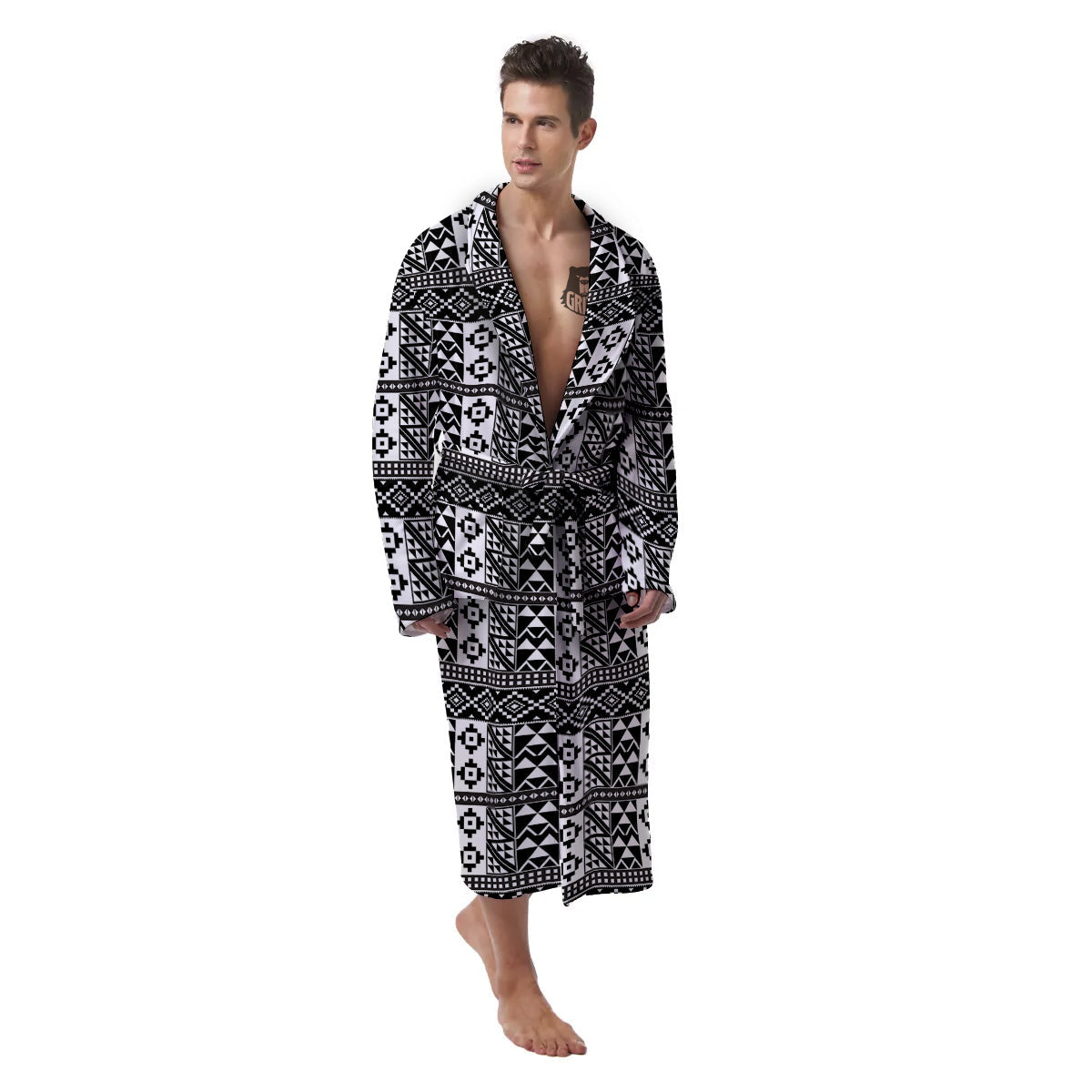 African Inspired White And Black Print Men's Robe-grizzshop