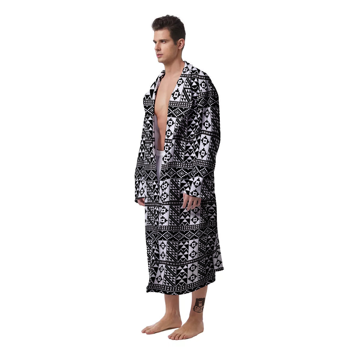 African Inspired White And Black Print Men's Robe-grizzshop