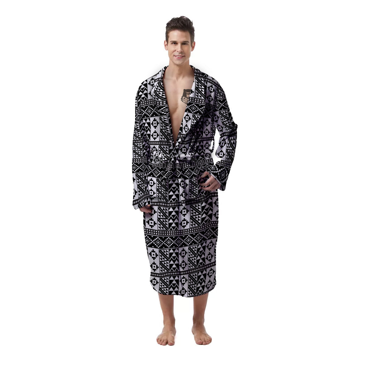African Inspired White And Black Print Men's Robe-grizzshop
