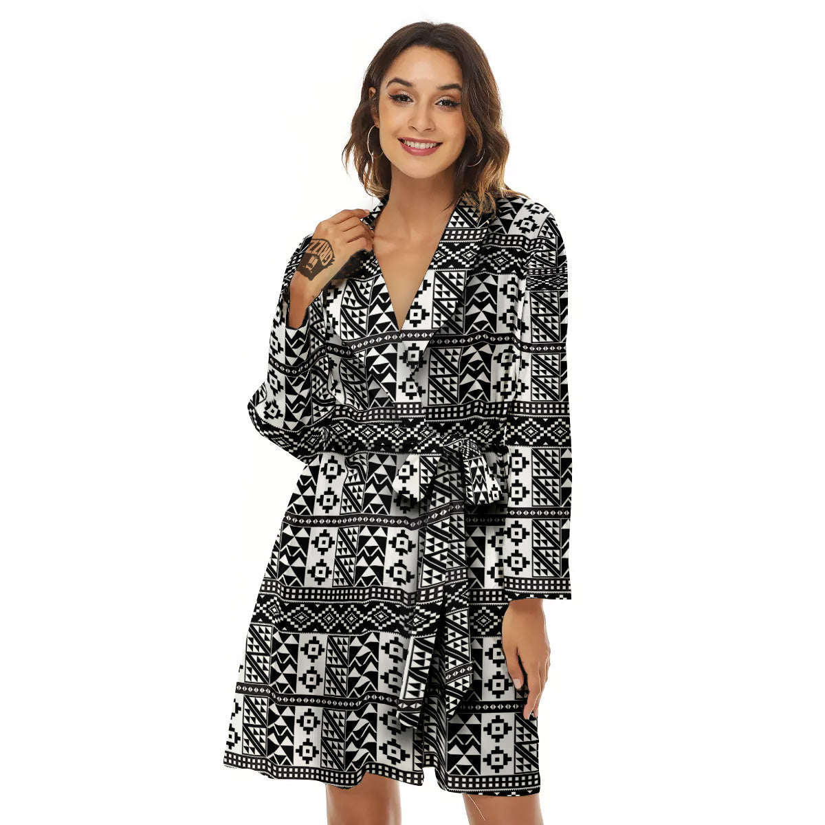 African Inspired White And Black Print Women's Robe-grizzshop