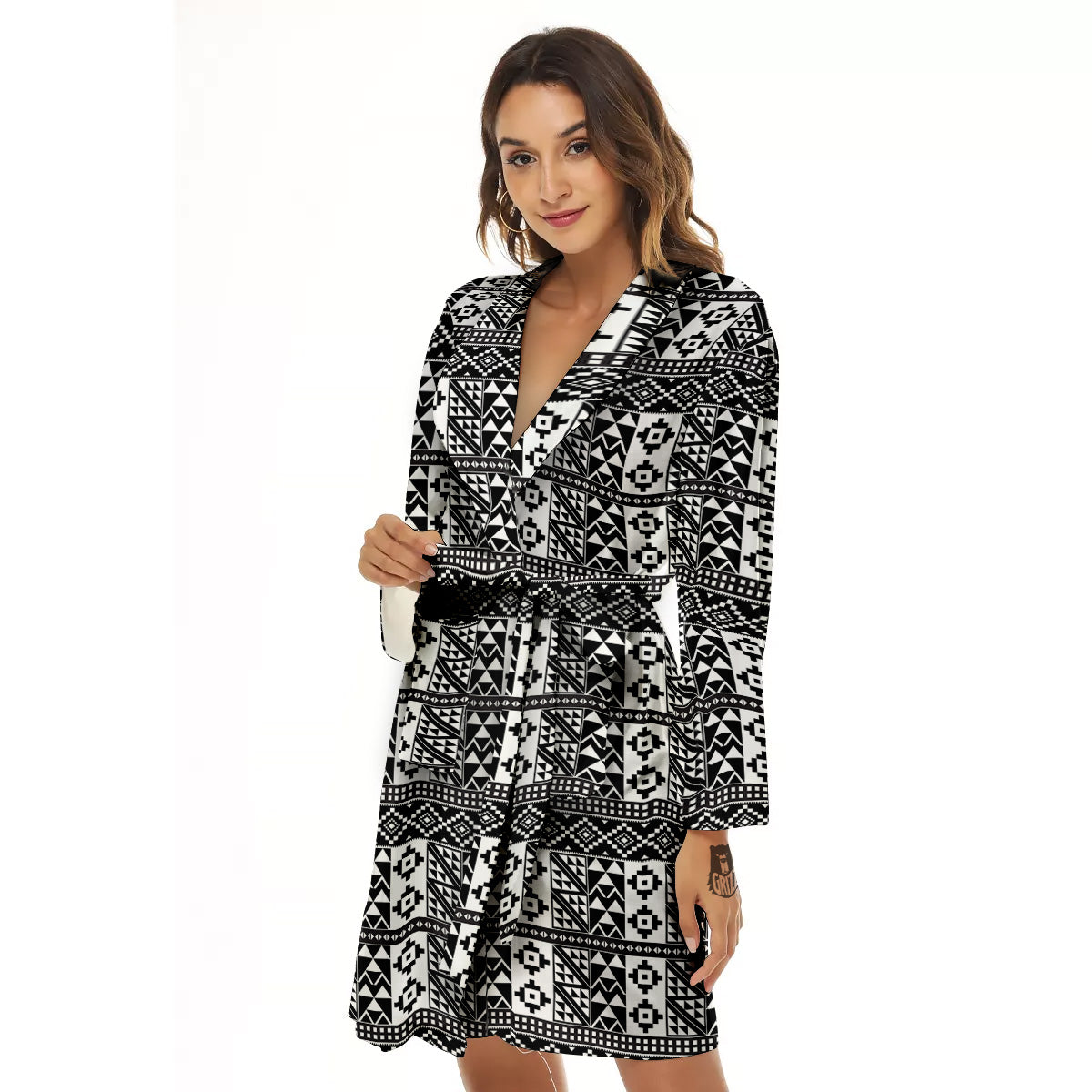 African Inspired White And Black Print Women's Robe-grizzshop