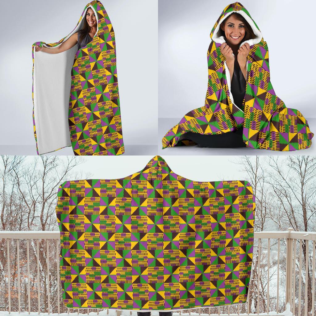 African Kente Pattern Print Hooded Blanket-grizzshop