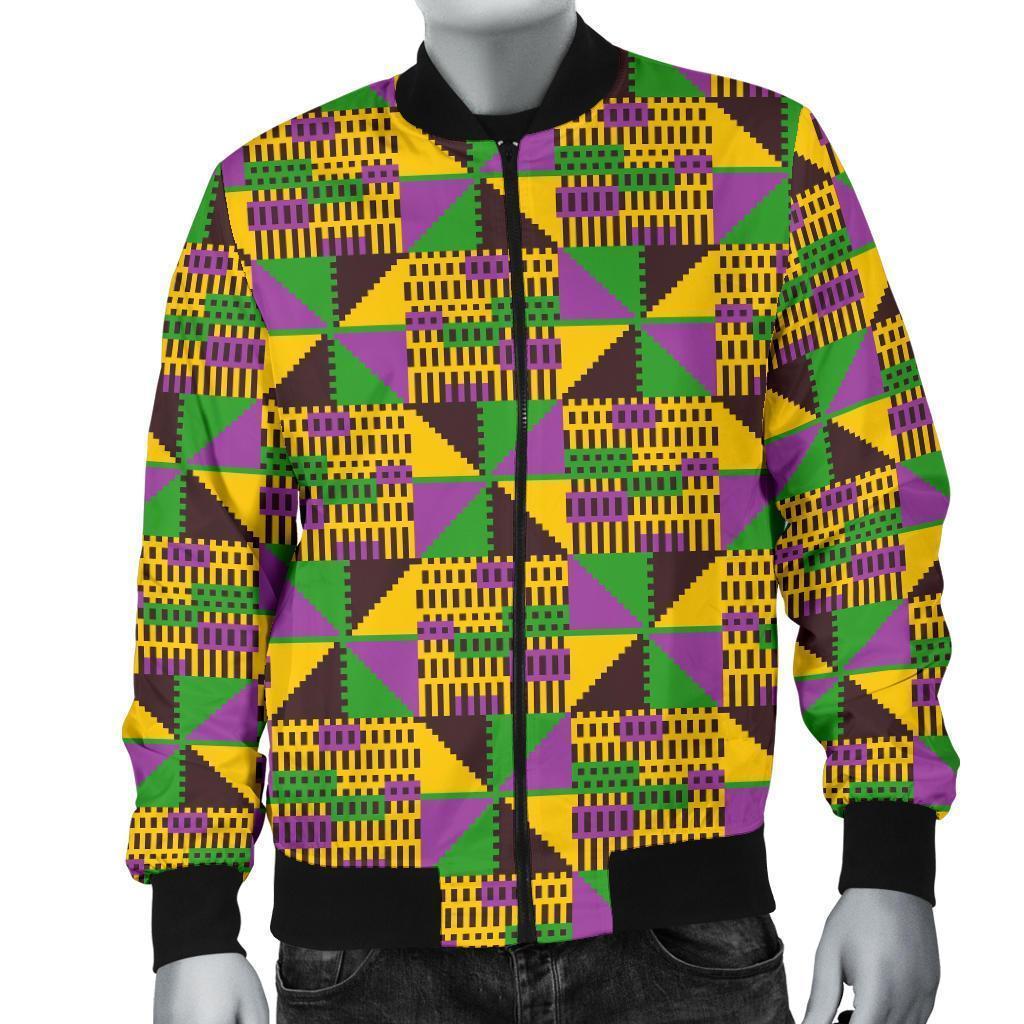 African Kente Pattern Print Men's Bomber Jacket-grizzshop