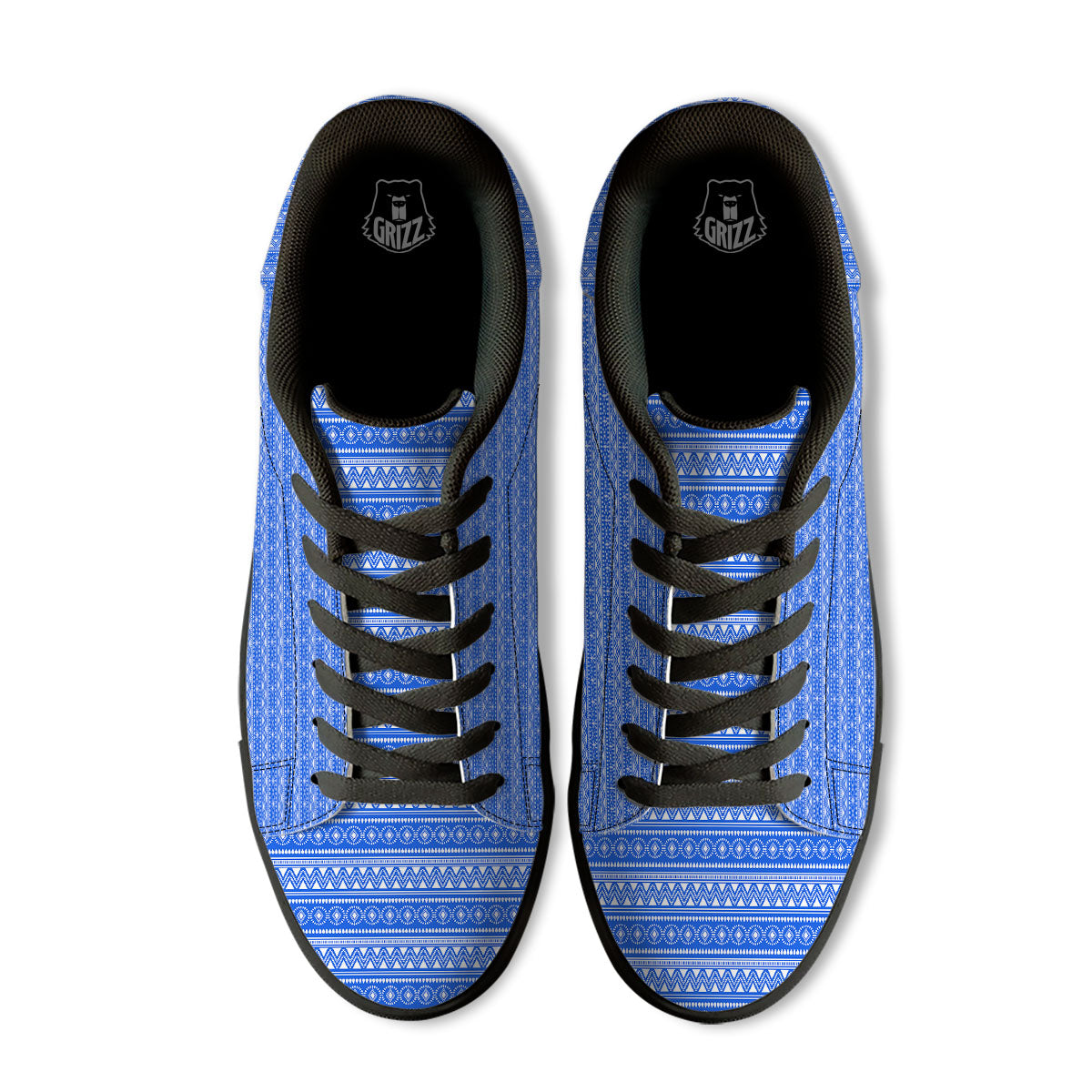 African White And Blue Print Pattern Black Low Top Sneakers-grizzshop