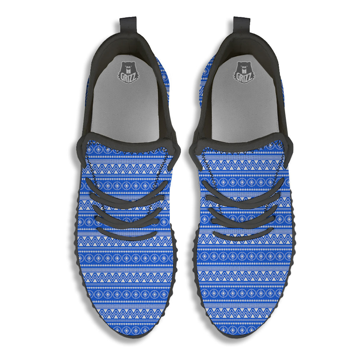 African White And Blue Print Pattern Black Walking Shoes-grizzshop