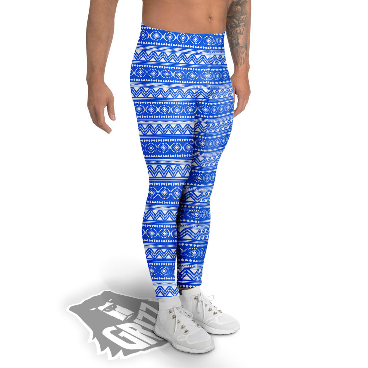 African White And Blue Print Pattern Men's Leggings-grizzshop