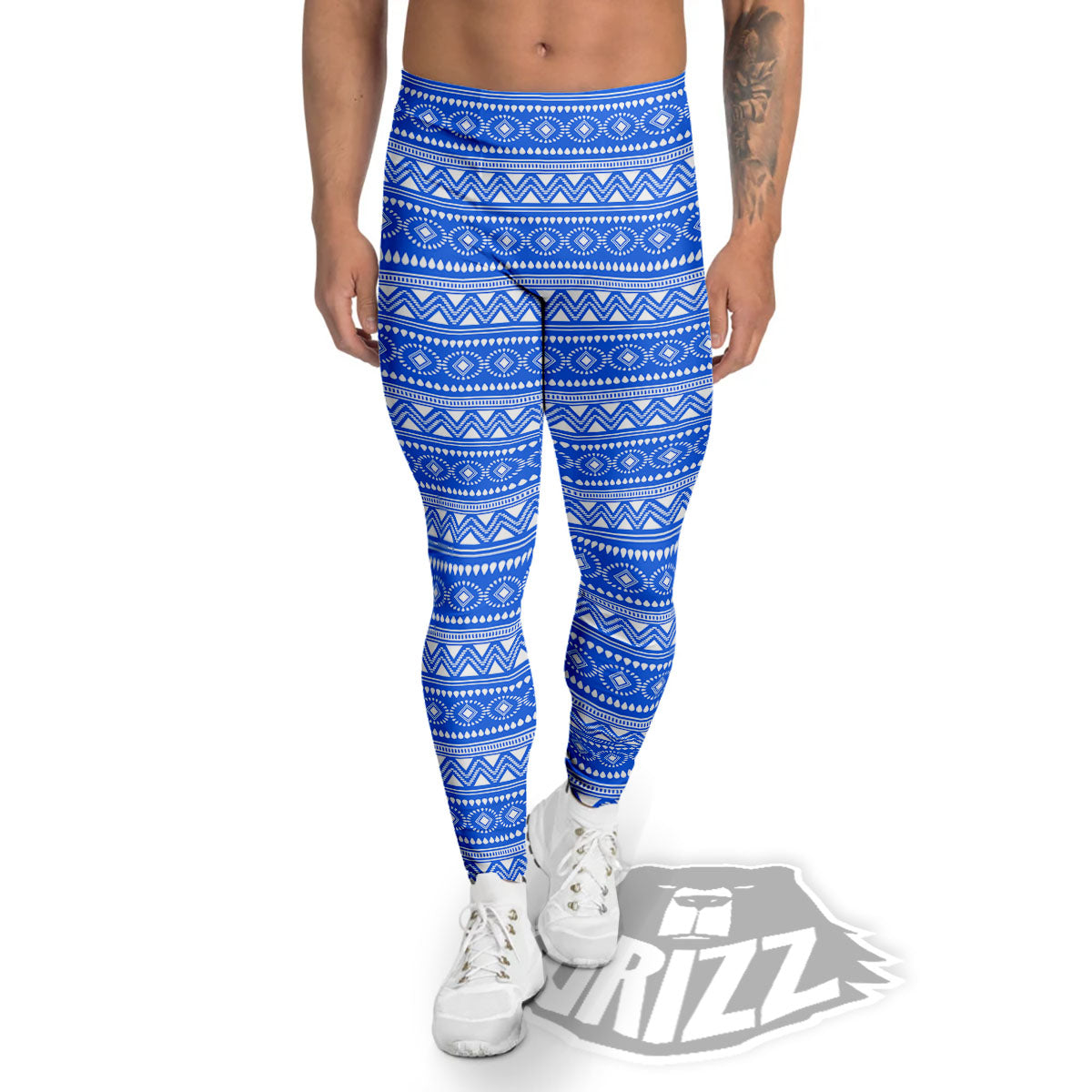 African White And Blue Print Pattern Men's Leggings-grizzshop