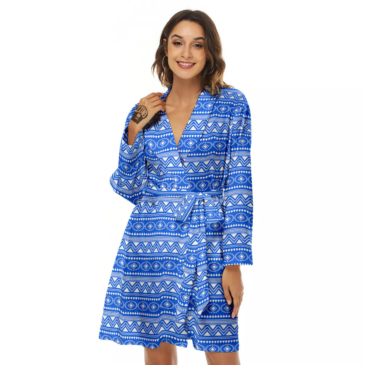 African White And Blue Print Pattern Women's Robe-grizzshop