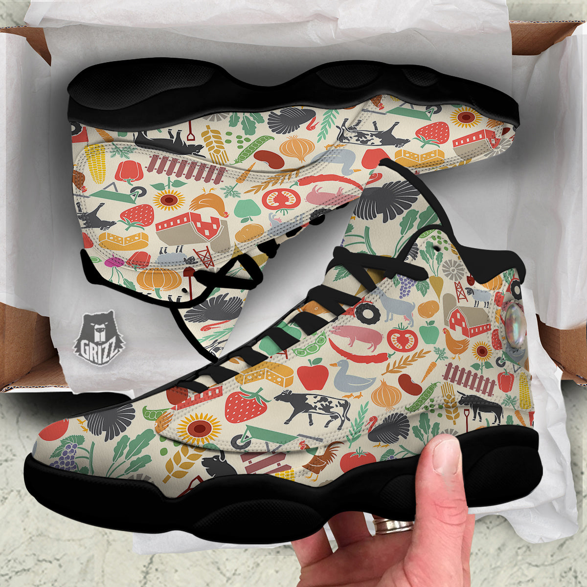 Agriculture Farming Colorful Print Pattern Black Basketball Shoes-grizzshop